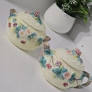 Vintage Blackberry Basketweave Creamer Sugar Bowl Set 1988 Cottagecore Berry